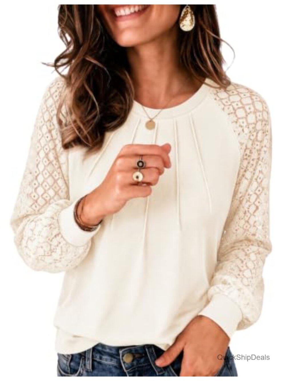 Women's Lace Sleeve Blouse Crew Neck Pleated Button Down Long Sleeve Top